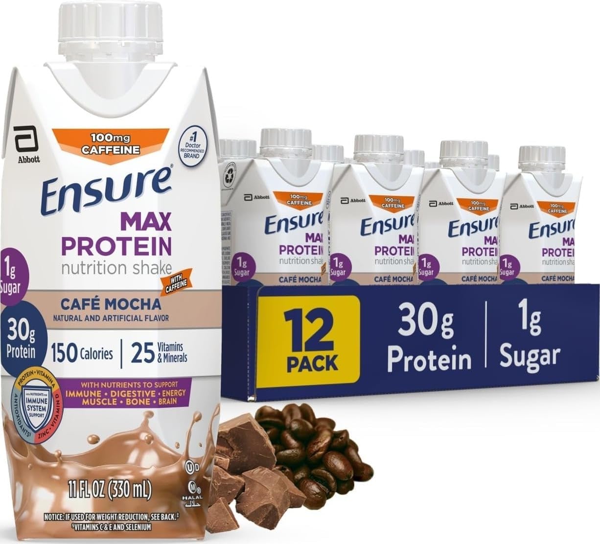 Ensure Max Protein Café Mocha Shake, 30g High Protein, 12 Pack | 30g Protein to Support Muscle Health & Manage Hunger for Adults, Each Protein Shake has 1g Sugar, 150 Calories, 4g Fiber