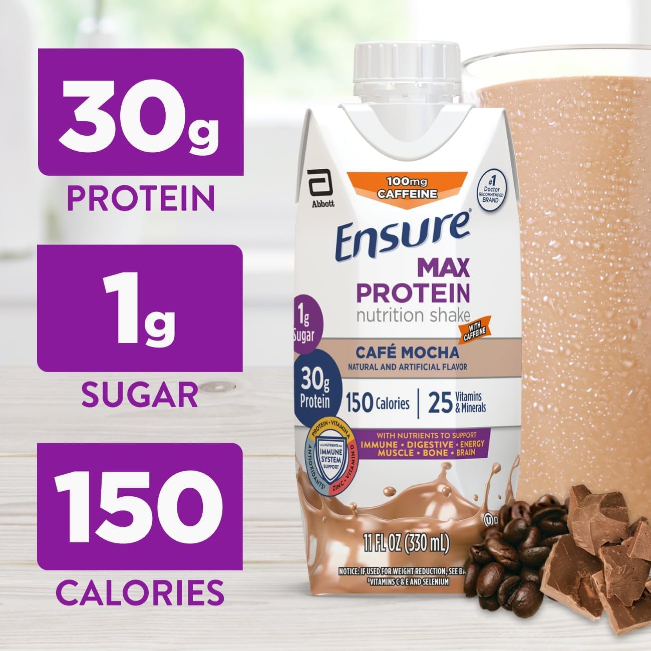 Ensure Max Protein Café Mocha Shake, 30g High Protein, 12 Pack | 30g Protein to Support Muscle Health & Manage Hunger for Adults, Each Protein Shake has 1g Sugar, 150 Calories, 4g Fiber