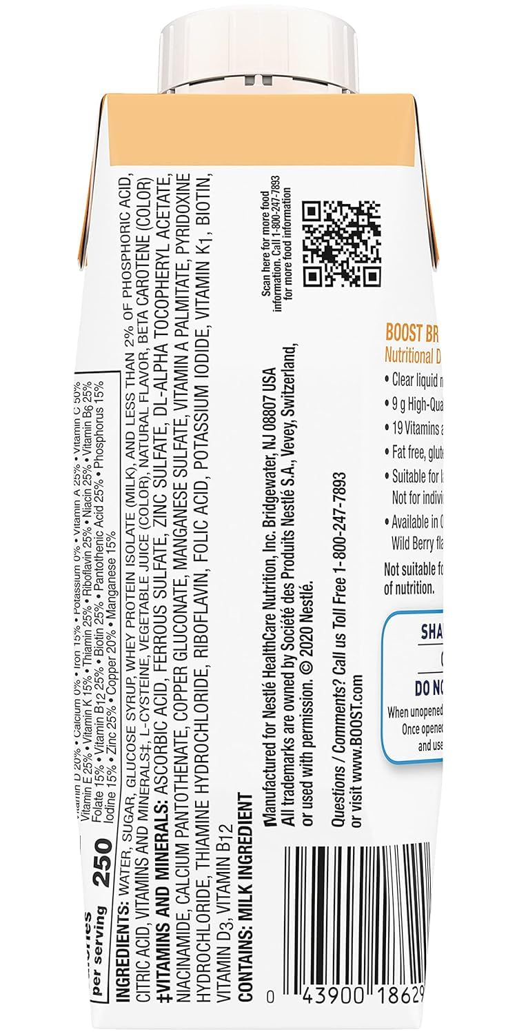 Boost Breeze Nutritional Drink, Ready to Drink Nutrition Beverage, Clear Liquid Nutrition Drink, Fat Free Nutritional Drink, High Protein Nutrition Shake, Orange, 8 Fluid Ounce (Pack of 12)