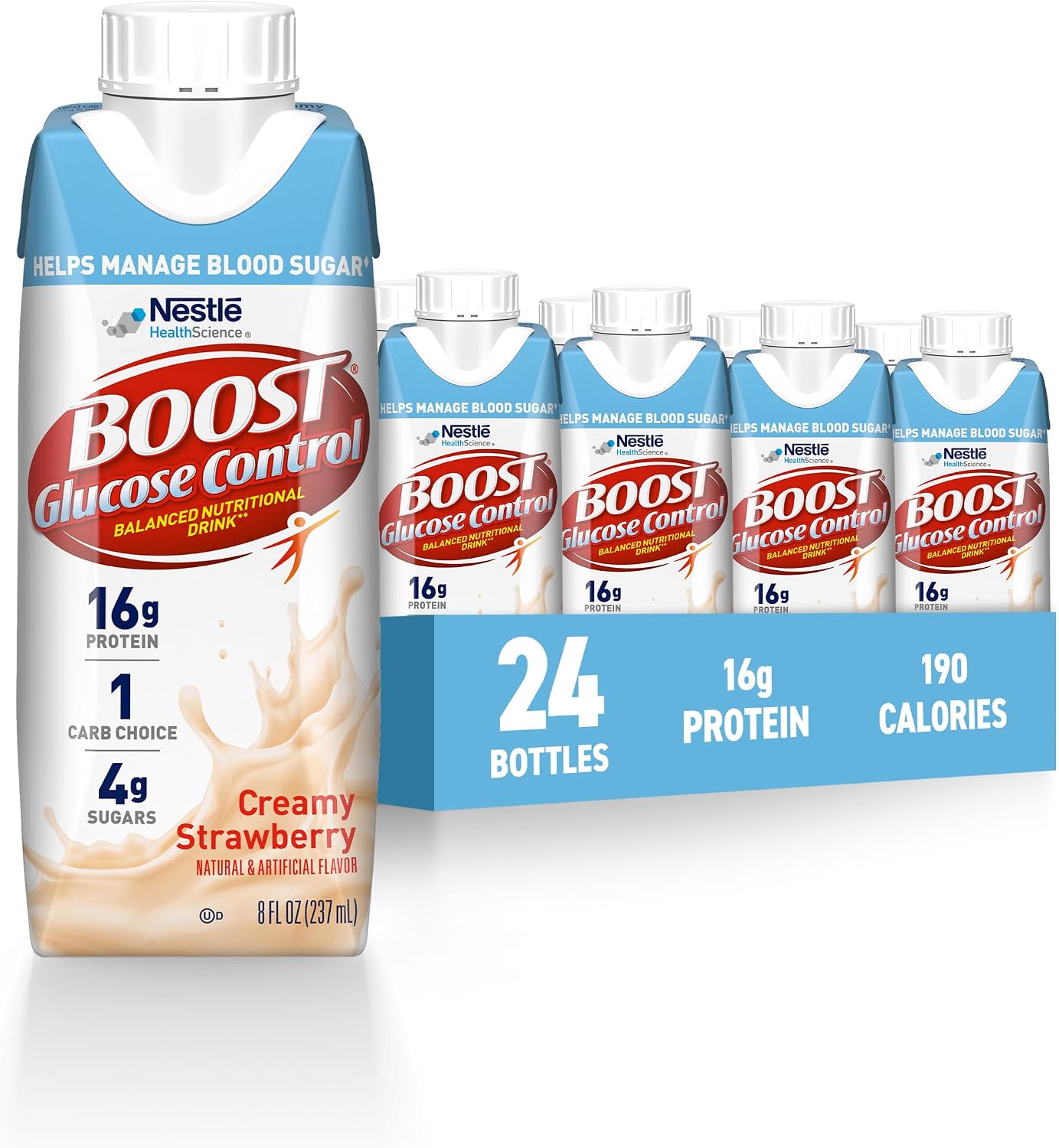 BOOST Glucose Control Ready to Drink Nutritional Drinks, Creamy Strawberry, 8 fl oz Carton (4 x 6 Packs)