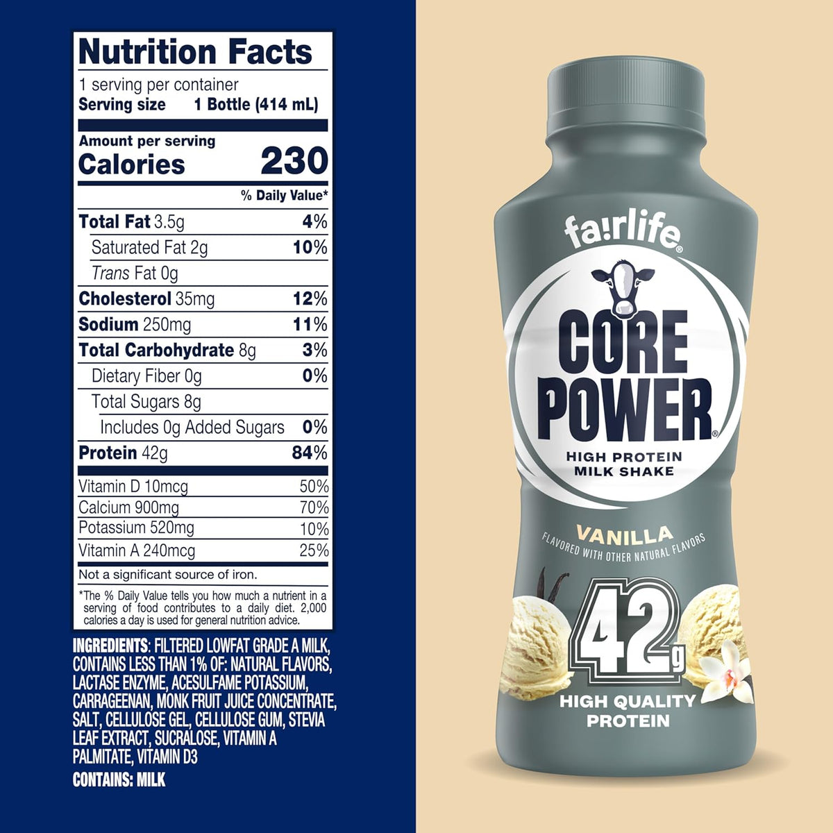 Core Power Fairlife Elite 42g High Protein Milk Shake Bottle, Ready To Drink for Workout Recovery, kosher, Liquid, Vanilla, 14 Fl Oz (Pack of 12)