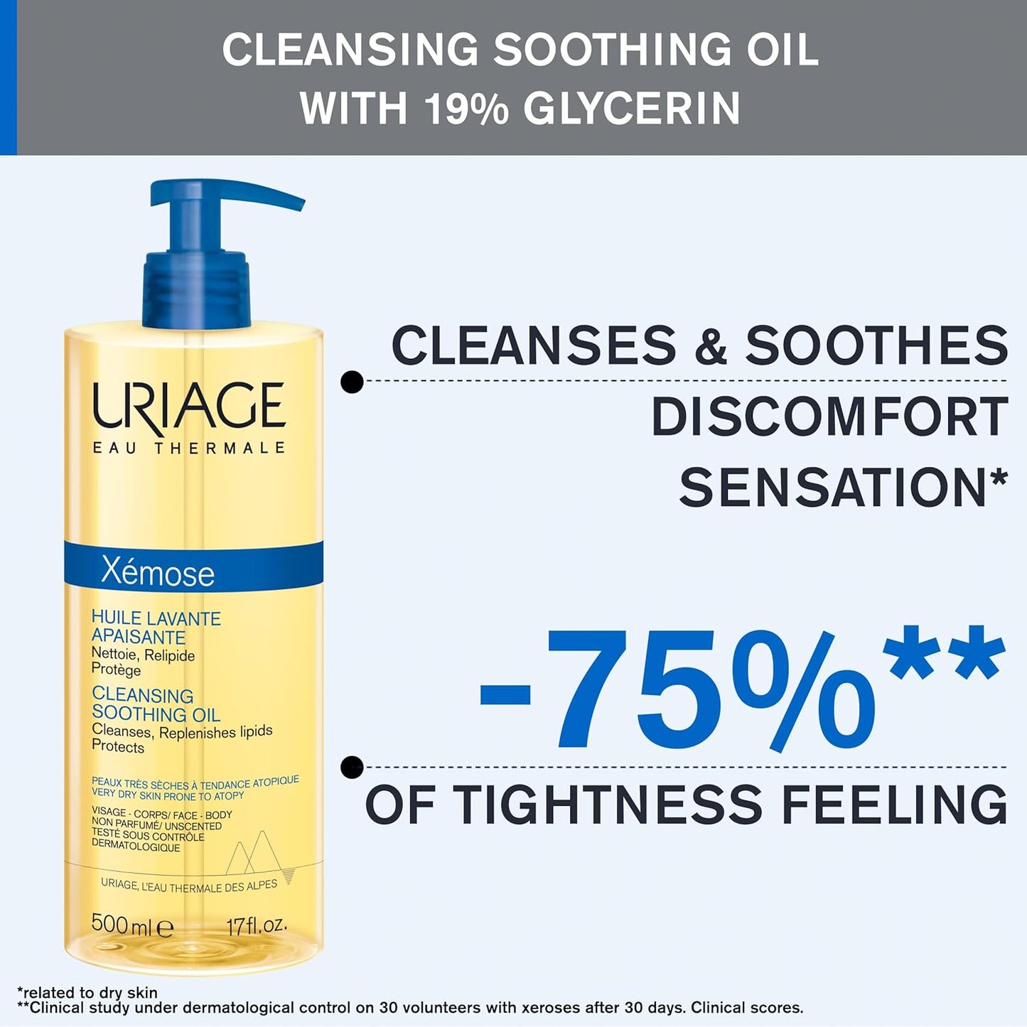 Uriage Xémose Face & Body Wash For Very Dry Skin, Soothes For Long-Lasting Comfort, Mild Foaming Nourishing Gel-In-Oil, Fragrance & Soap-Free, Physiological Ph