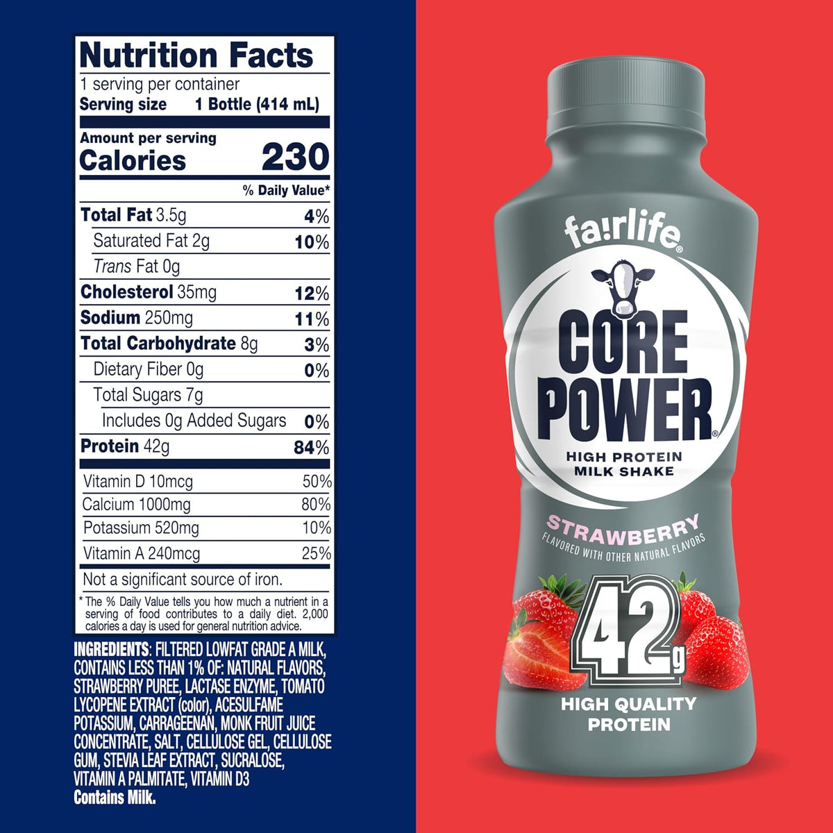 Core Power Fairlife Elite 42g High Protein Milk Shake Bottle , Ready To Drink for Workout Recovery, Strawberry, 14 Fl Oz, Liquid, kosher (Pack of 12)